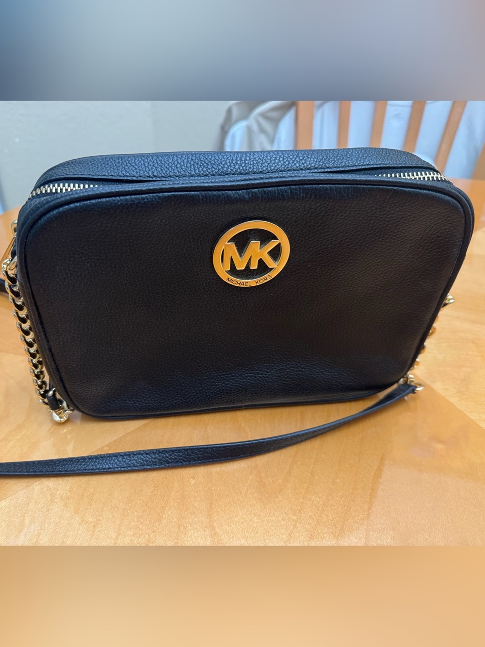 Michael Kors Black Pebbled Leather Crossbody with Gold Tone MK Emblem